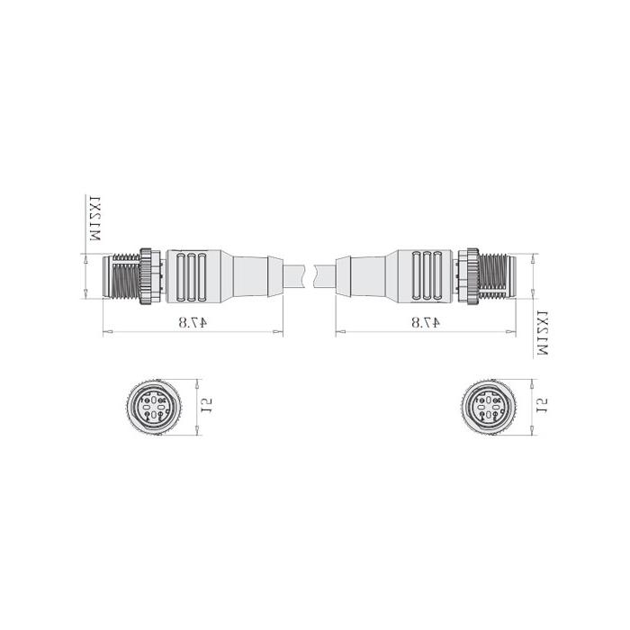 M12 4-PIN D-coded, male straight turn male straight, double end precast PUR flexible cable, black sheath, 64DD21-XXX